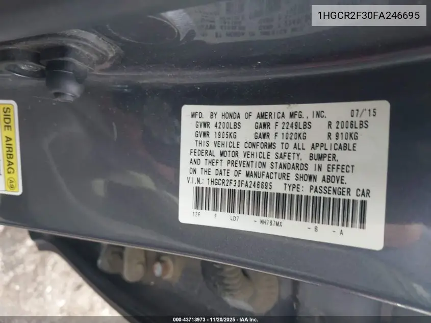 1HGCR2F30FA246695 2015 Honda Accord Lx
