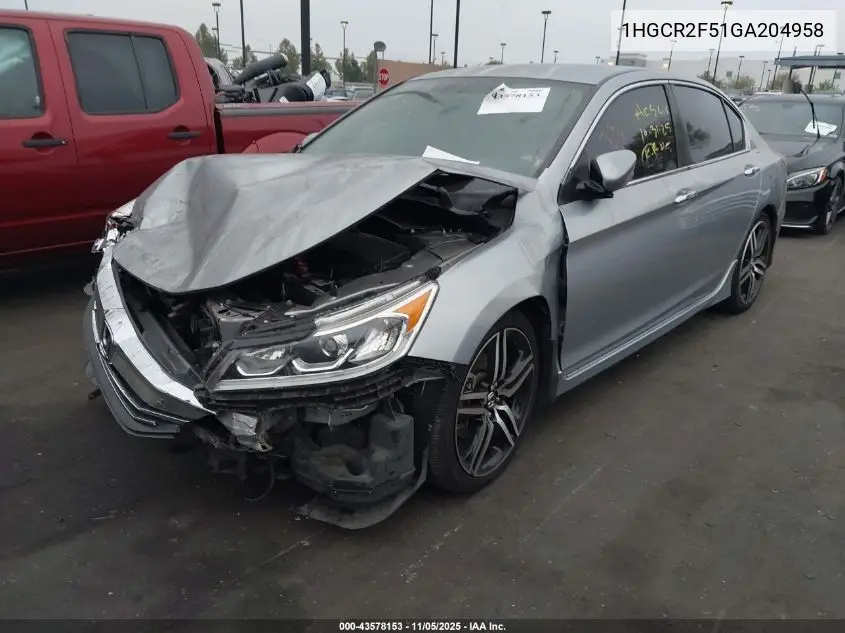 1HGCR2F51GA204958 2016 Honda Accord Sport
