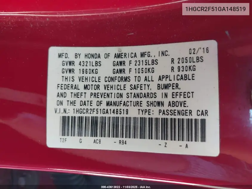 1HGCR2F51GA148519 2016 Honda Accord Sport