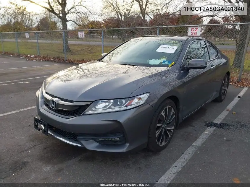 1HGCT2A80GA001840 2016 Honda Accord Ex-L V-6