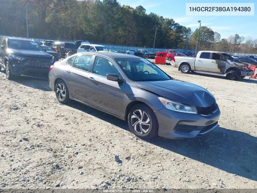 1HGCR2F38GA194380 2016 Honda Accord Lx