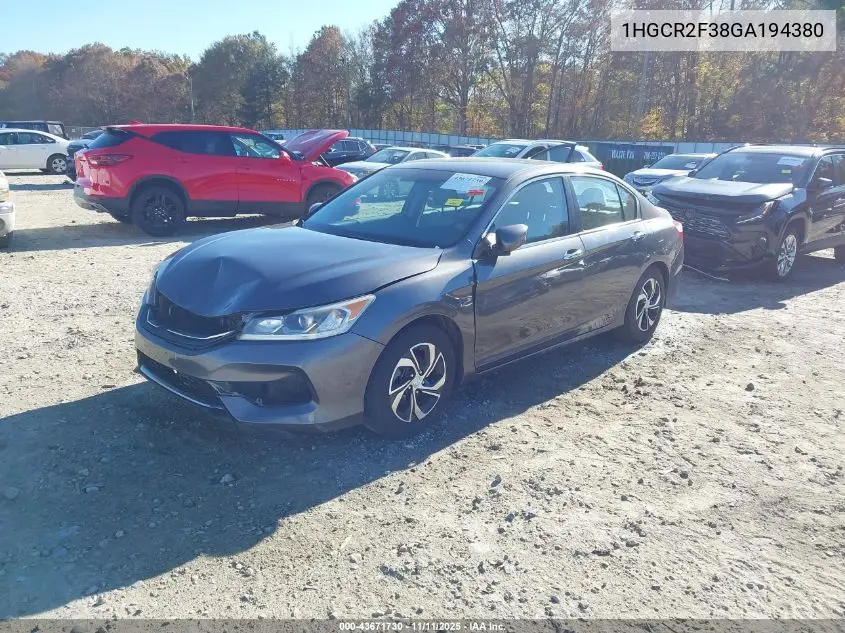 1HGCR2F38GA194380 2016 Honda Accord Lx