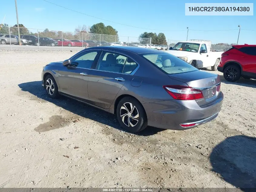 1HGCR2F38GA194380 2016 Honda Accord Lx