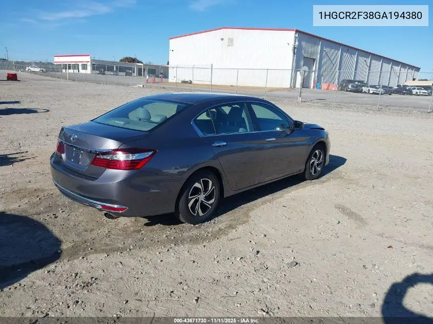1HGCR2F38GA194380 2016 Honda Accord Lx