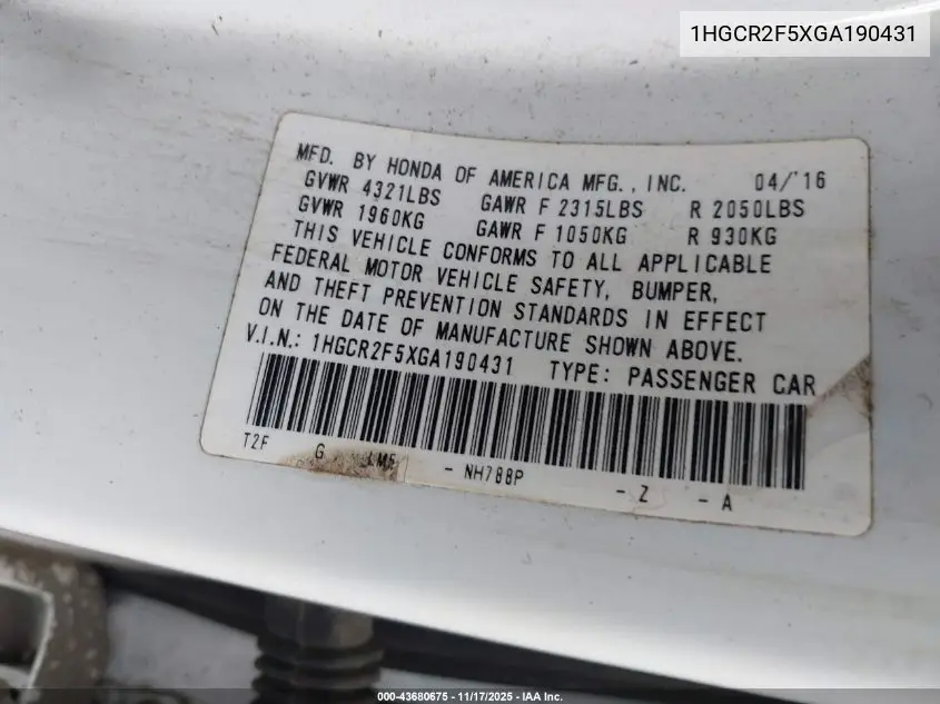 1HGCR2F5XGA190431 2016 Honda Accord Sport