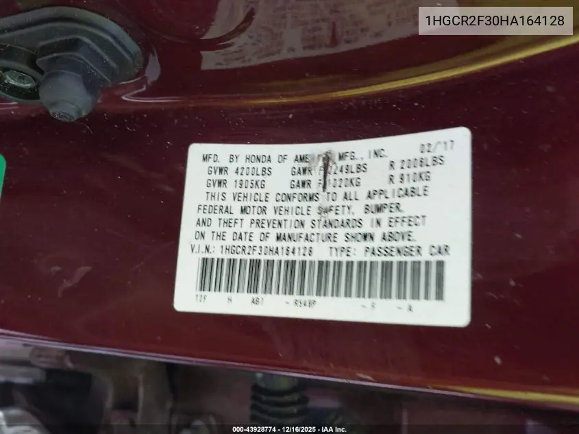 1HGCR2F30HA164128 2017 Honda Accord Lx