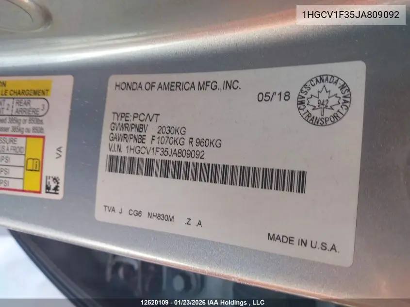 1HGCV1F35JA809092 2018 Honda Accord Sport