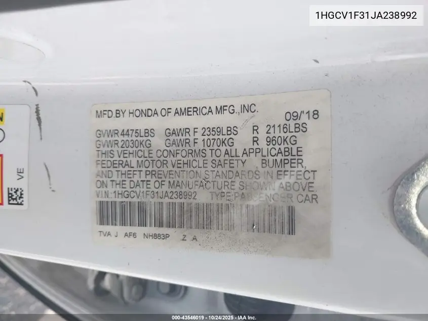 1HGCV1F31JA238992 2018 Honda Accord Sport