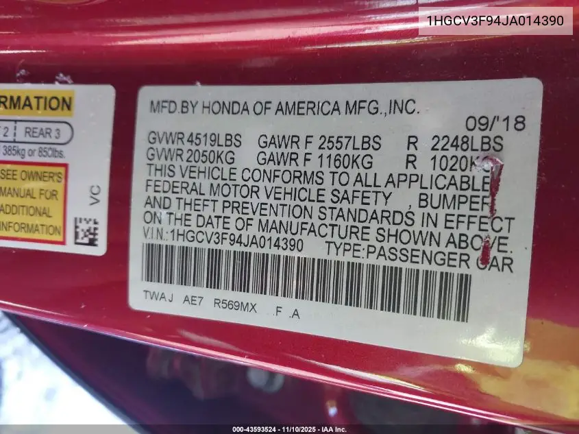 1HGCV3F94JA014390 2018 Honda Accord Hybrid Touring
