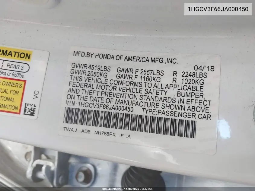 1HGCV3F66JA000450 2018 Honda Accord Hybrid Ex-L