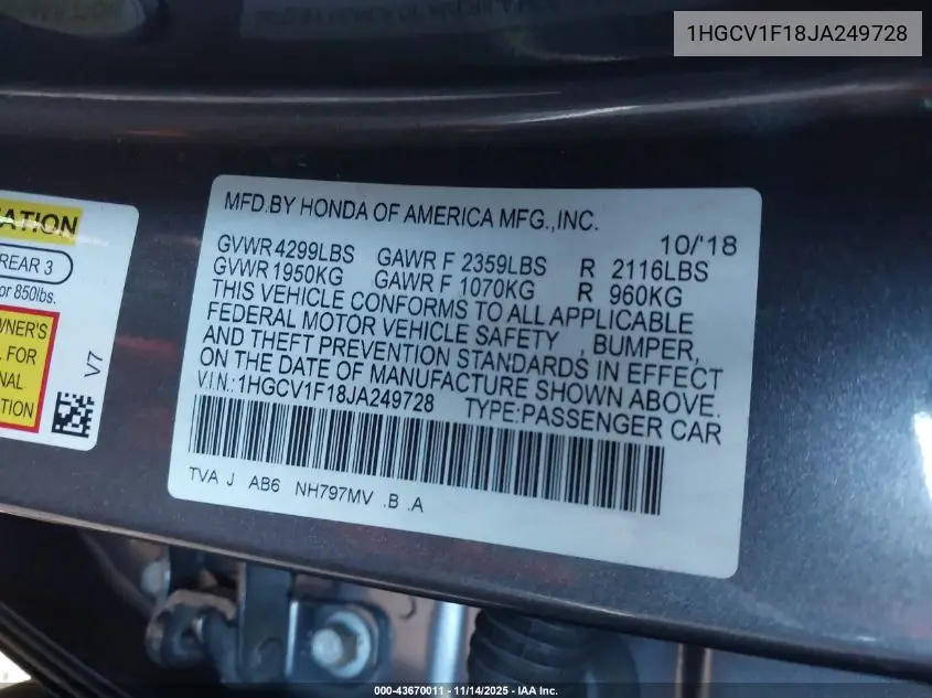 1HGCV1F18JA249728 2018 Honda Accord Lx