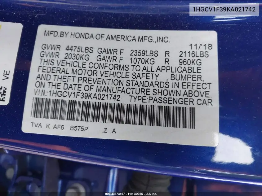 1HGCV1F39KA021742 2019 Honda Accord Sport