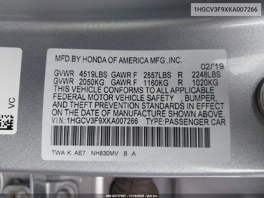 1HGCV3F9XKA007266 2019 Honda Accord Hybrid Touring