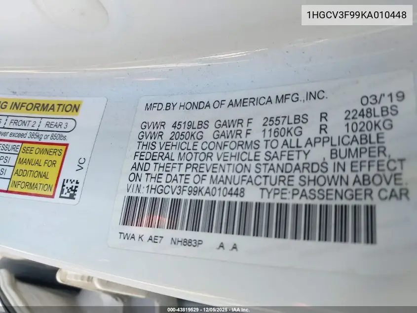 1HGCV3F99KA010448 2019 Honda Accord Hybrid Touring