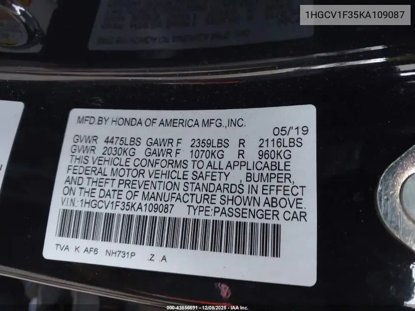 1HGCV1F35KA109087 2019 Honda Accord Sport
