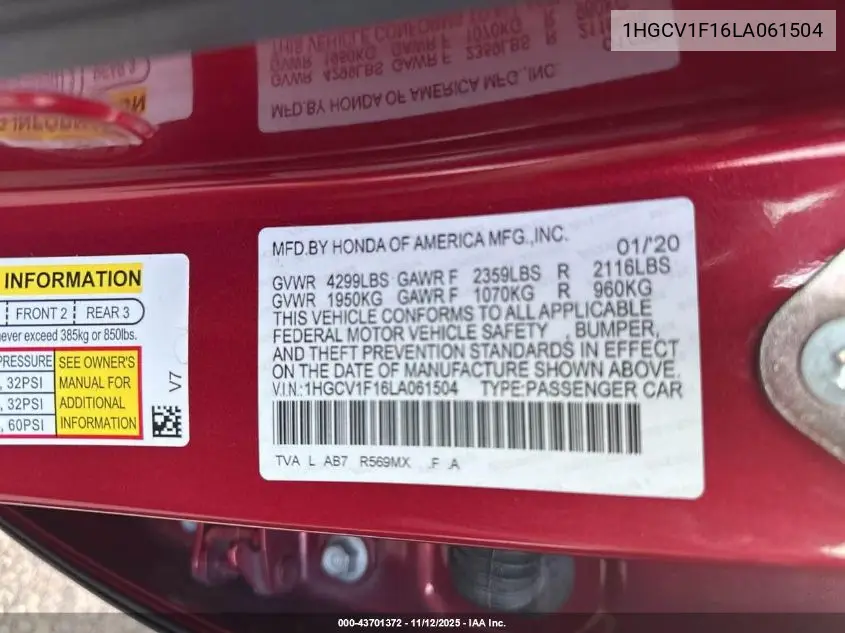 1HGCV1F16LA061504 2020 Honda Accord Lx