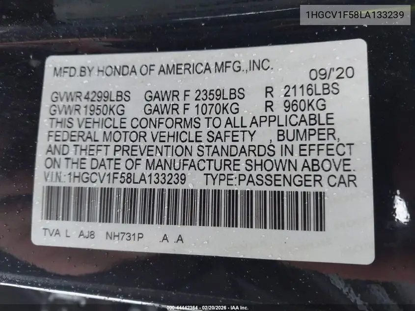 1HGCV1F58LA133239 2020 Honda Accord Ex-L