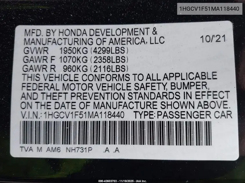 1HGCV1F51MA118440 2021 Honda Accord Ex-L