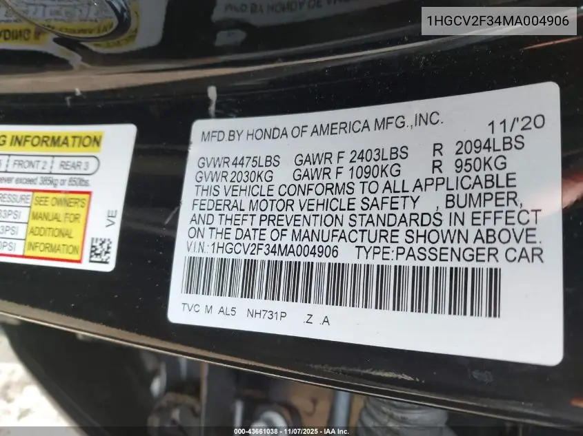 1HGCV2F34MA004906 2021 Honda Accord Sport 2.0T