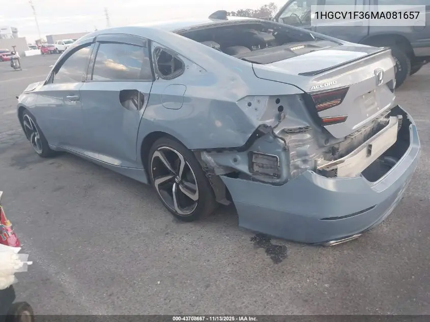 1HGCV1F36MA081657 2021 Honda Accord Sport