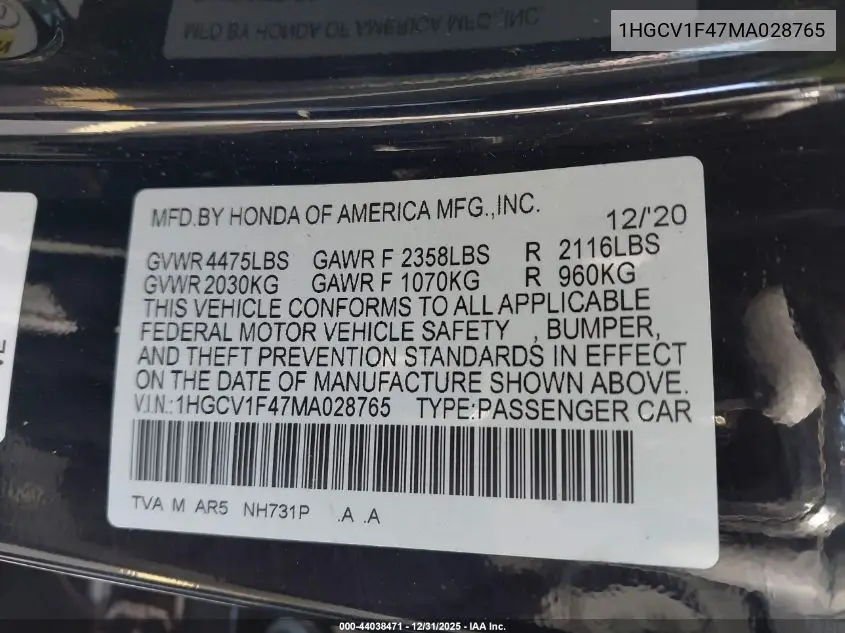 1HGCV1F47MA028765 2021 Honda Accord Sport Special Edition