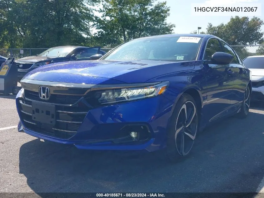 2022 Honda Accord Sport 2.0T VIN: 1HGCV2F34NA012067 Lot: 40185671