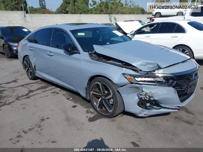 1HGCV2F30NA024670 2022 Honda Accord Sport 2.0T