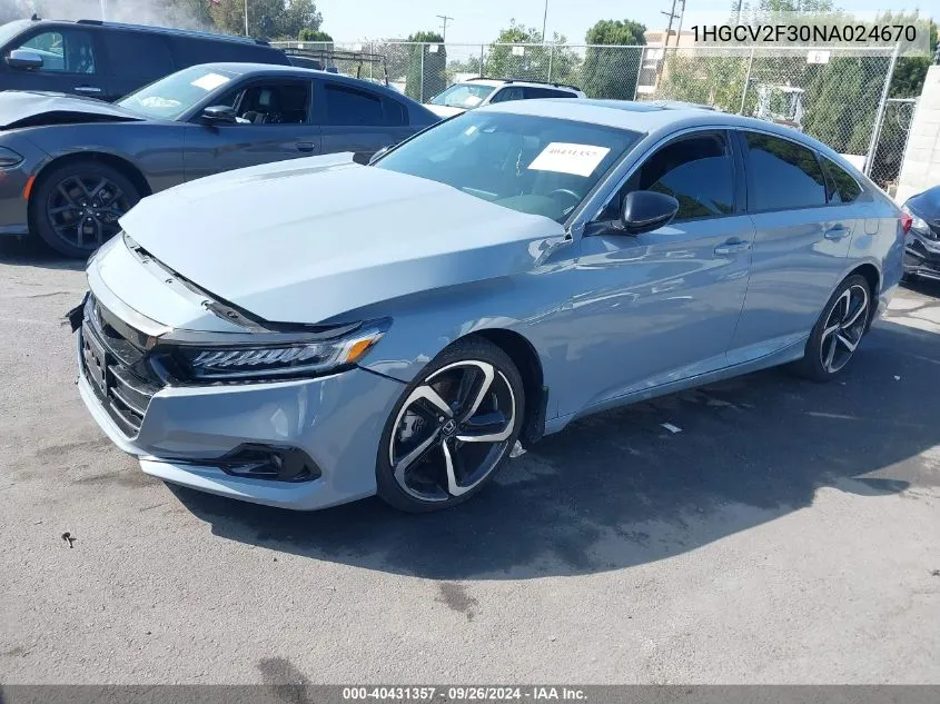 2022 Honda Accord Sport 2.0T VIN: 1HGCV2F30NA024670 Lot: 40431357