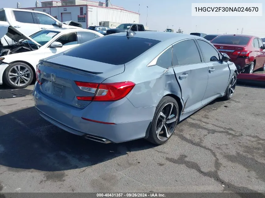 2022 Honda Accord Sport 2.0T VIN: 1HGCV2F30NA024670 Lot: 40431357