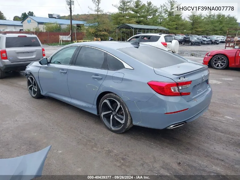 2022 Honda Accord Sport VIN: 1HGCV1F39NA007778 Lot: 40439377