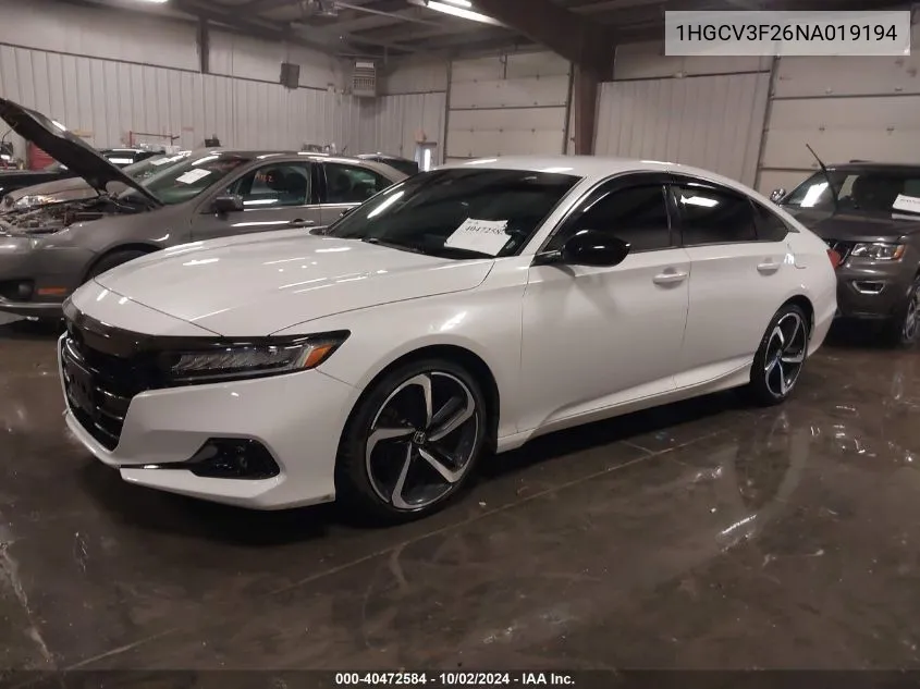 1HGCV3F26NA019194 2022 Honda Accord Hybrid Sport