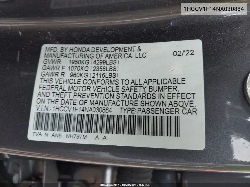 1HGCV1F14NA030884 2022 Honda Accord Lx