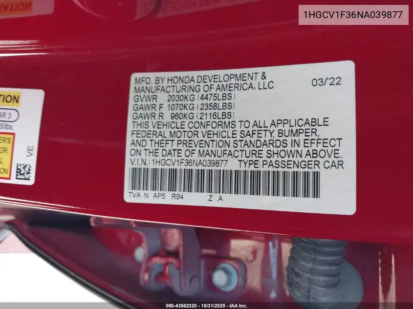 1HGCV1F36NA039877 2022 Honda Accord Sport