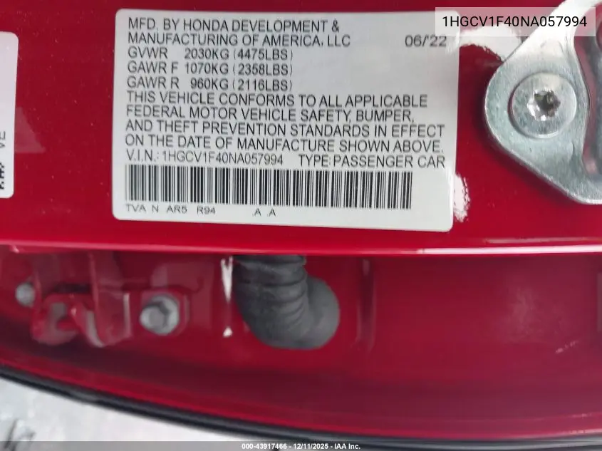 1HGCV1F40NA057994 2022 Honda Accord Sport Se