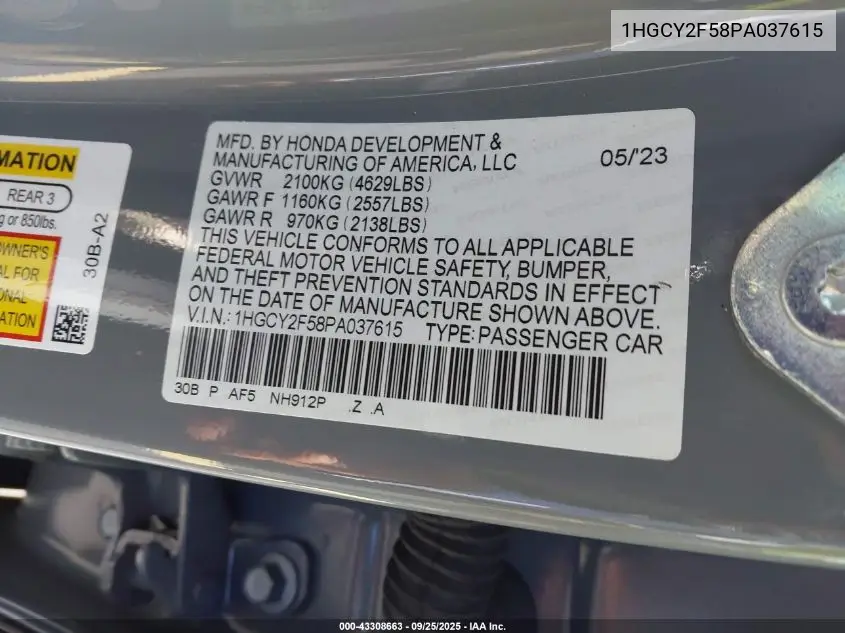 1HGCY2F58PA037615 2023 Honda Accord Hybrid Sport