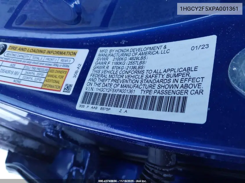 1HGCY2F5XPA001361 2023 Honda Accord Hybrid Sport