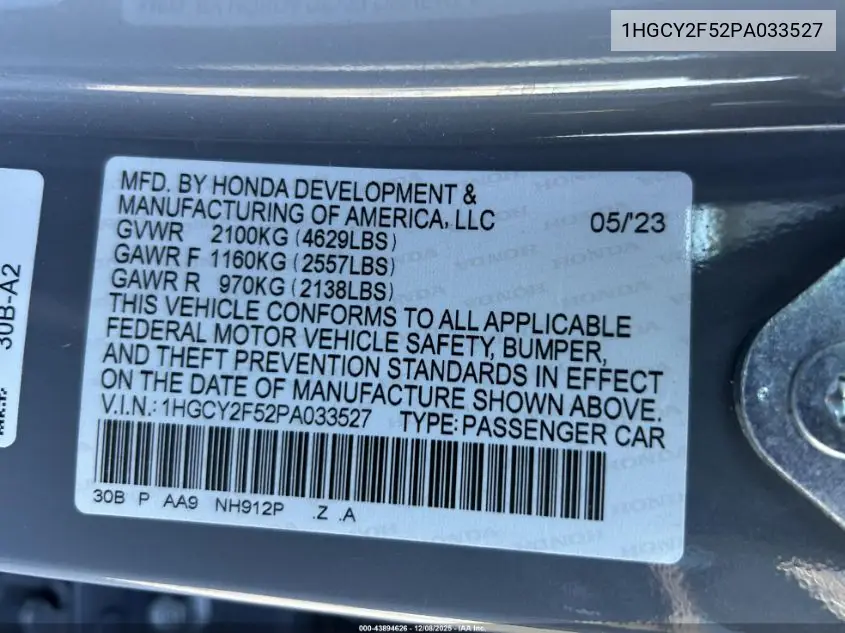 1HGCY2F52PA033527 2023 Honda Accord Hybrid Sport