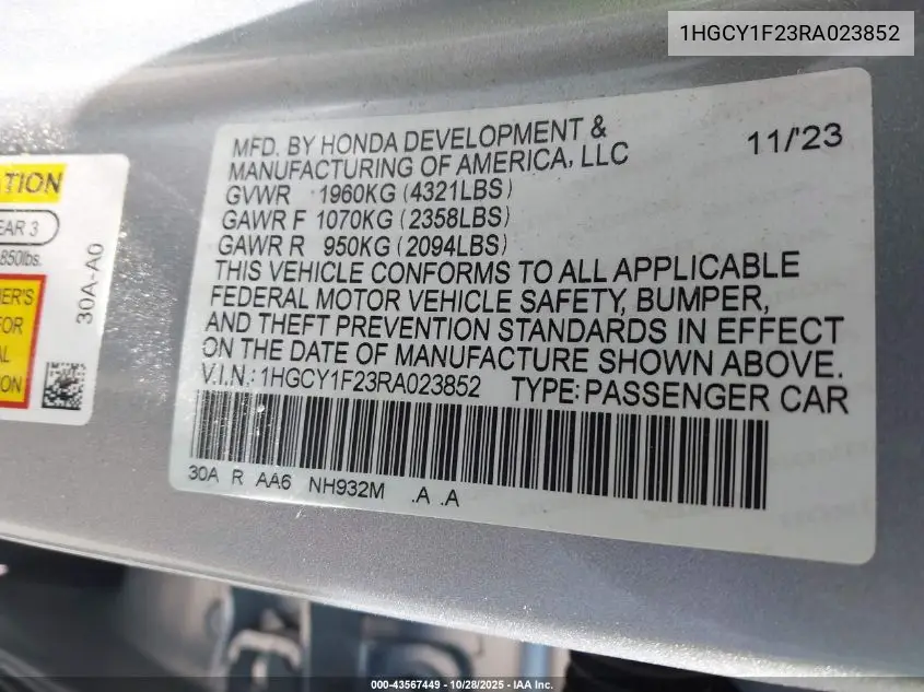 1HGCY1F23RA023852 2024 Honda Accord Lx