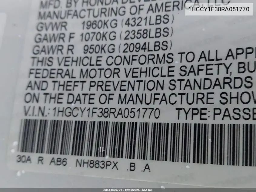 1HGCY1F38RA051770 2024 Honda Accord Ex