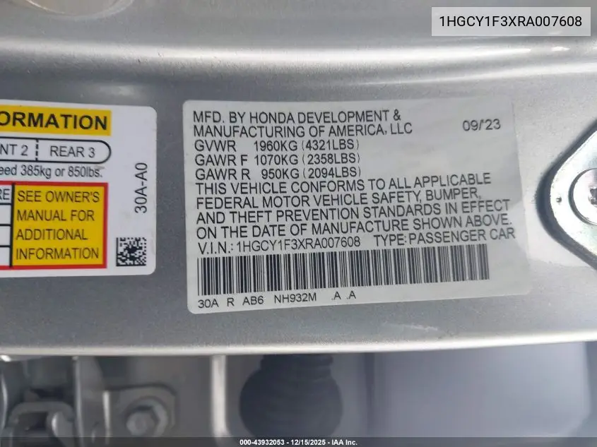 1HGCY1F3XRA007608 2024 Honda Accord Ex