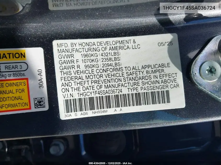1HGCY1F45SA036724 2025 Honda Accord Se