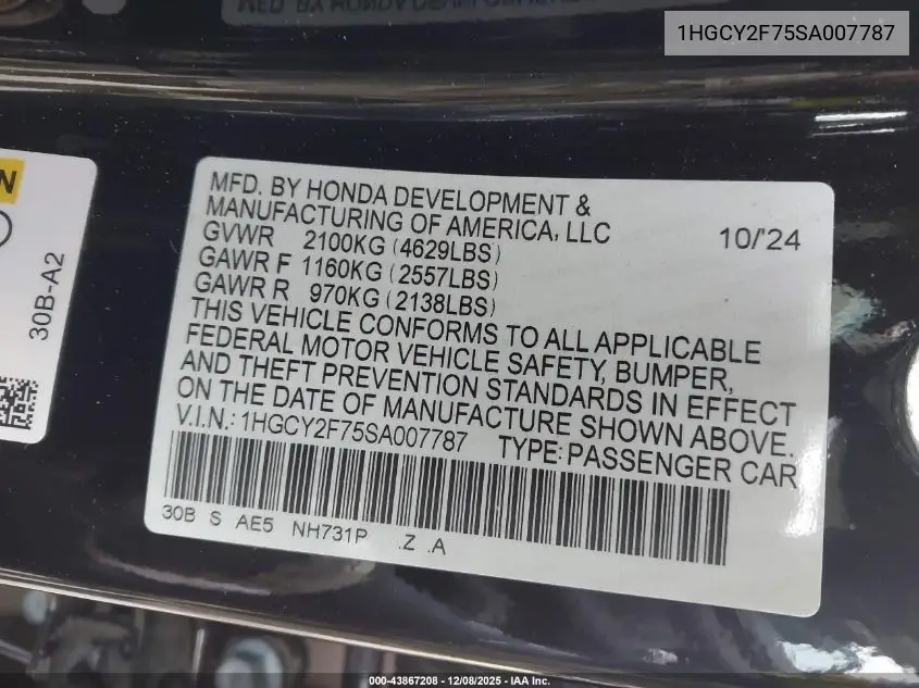 1HGCY2F75SA007787 2025 Honda Accord Hybrid Sport-L