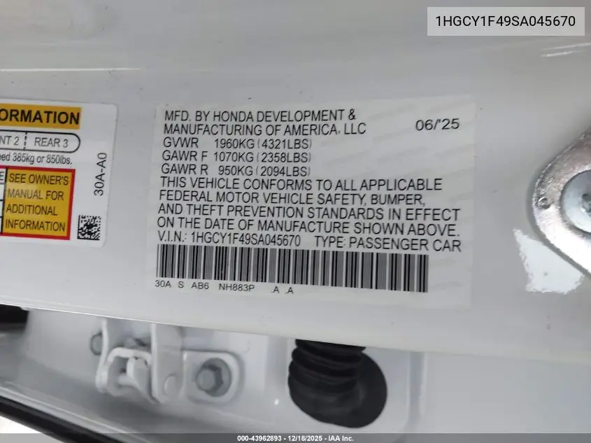 1HGCY1F49SA045670 2025 Honda Accord Se