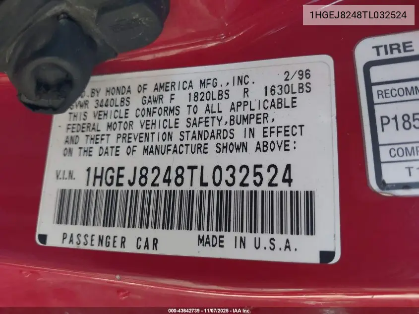 1HGEJ8248TL032524 1996 Honda Civic Ex