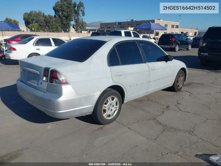 2HGES16642H514502 2002 Honda Civic Lx