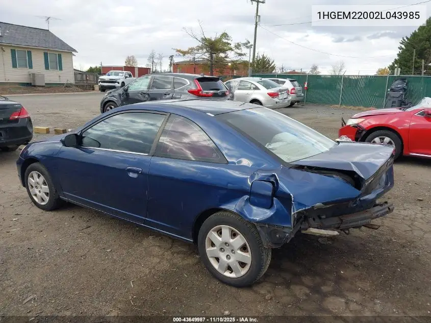 1HGEM22002L043985 2002 Honda Civic Ex