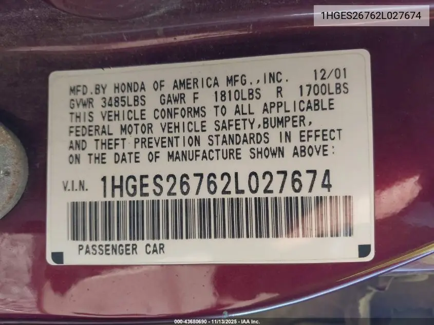 1HGES26762L027674 2002 Honda Civic Ex