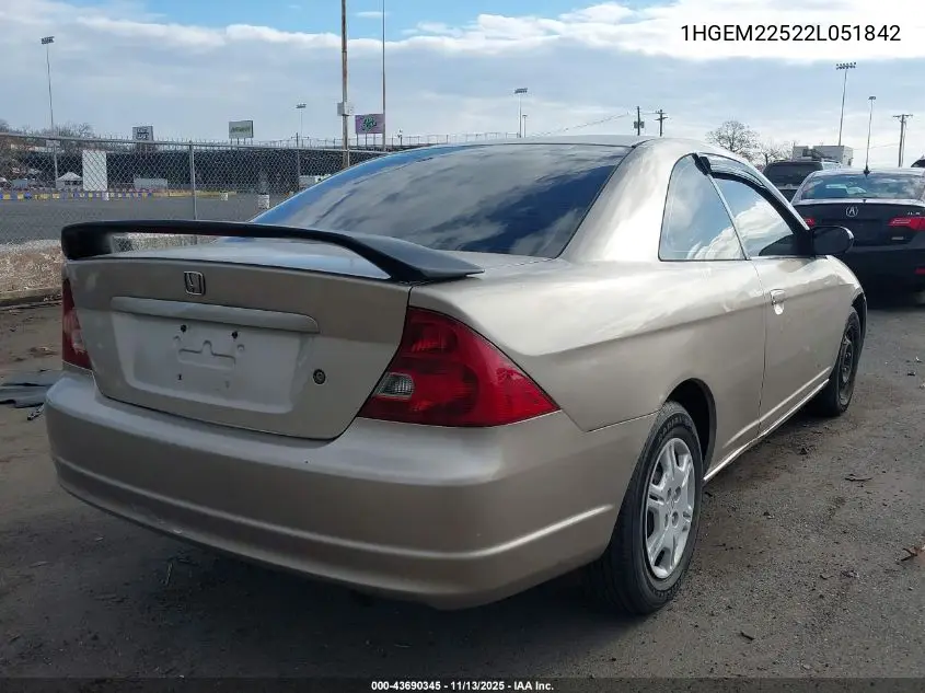 1HGEM22522L051842 2002 Honda Civic Lx