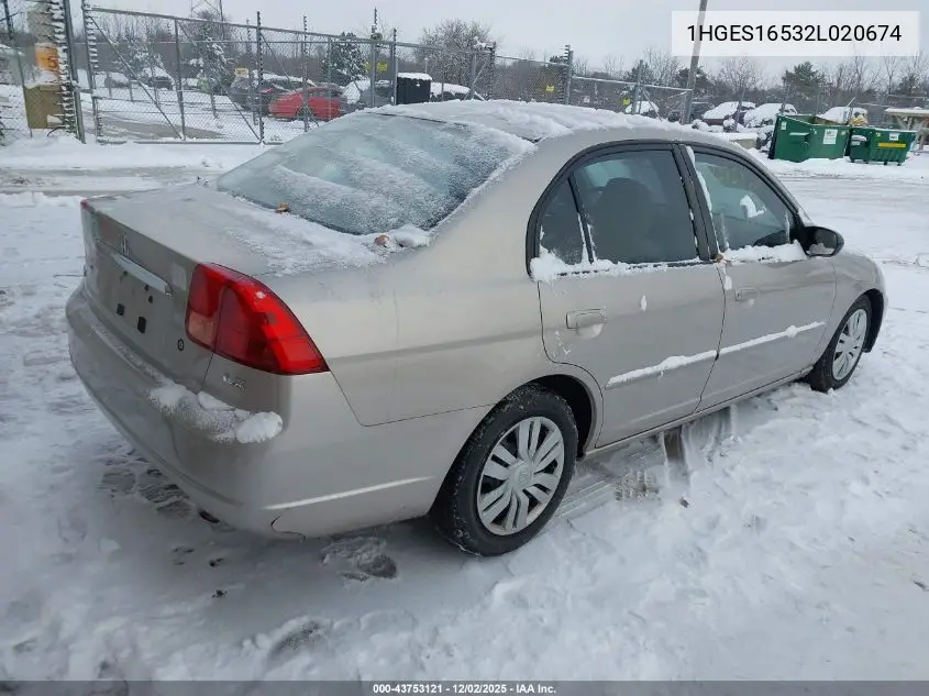 1HGES16532L020674 2002 Honda Civic Lx