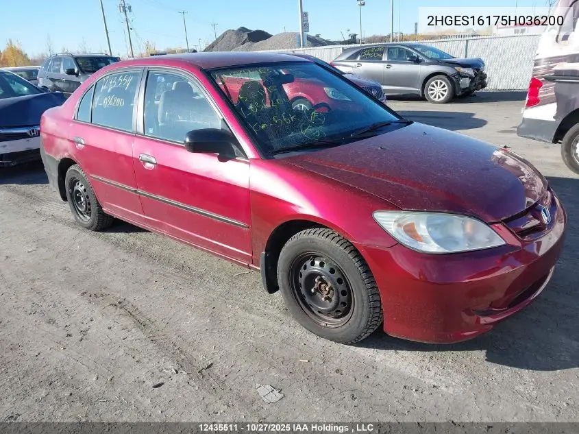 2HGES16175H036200 2005 Honda Civic Dx